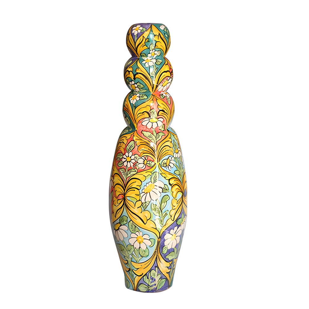 Vase en poterie, 3 têtes, motif décoratif floral