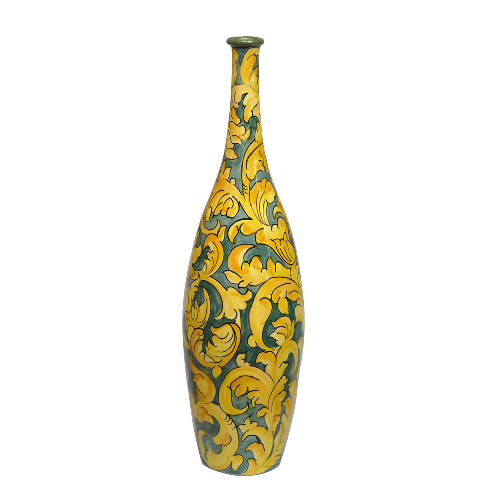 Vase en poterie, petite bouche, motif décoratif floral